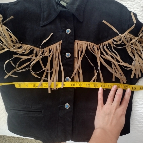 Morganwear Black Denim Western Fringe Festive Turquoise Buttoned Jacket Sz M - Picture 9 of 10